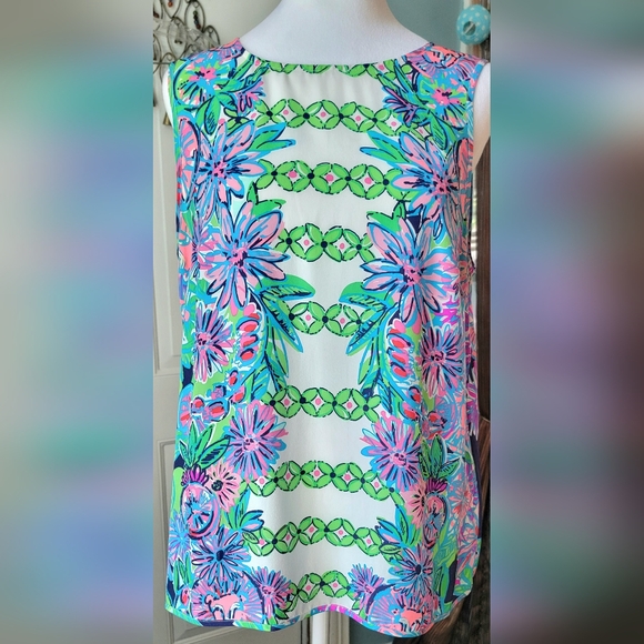 Lilly Pulitzer Tops - Lilly Pulitzer Iona Silk Shell Tank Womens L Pink Blue Green Floral Buttons EUC